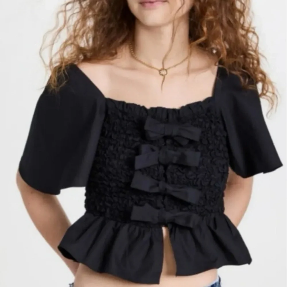 NWT Anthropologie x Mare Mare Bow-Front Tied Bows Blqck Smocked Peplum Blouse S‌